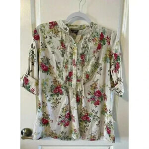 NWT Chaudry KC Floral Blouse Size M Ruched Long Sleeve Cotton Boho India Hippie